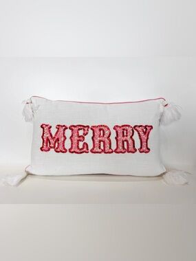 Mary Square 'MERRY' Sequin Accent Pillow - Pink on White